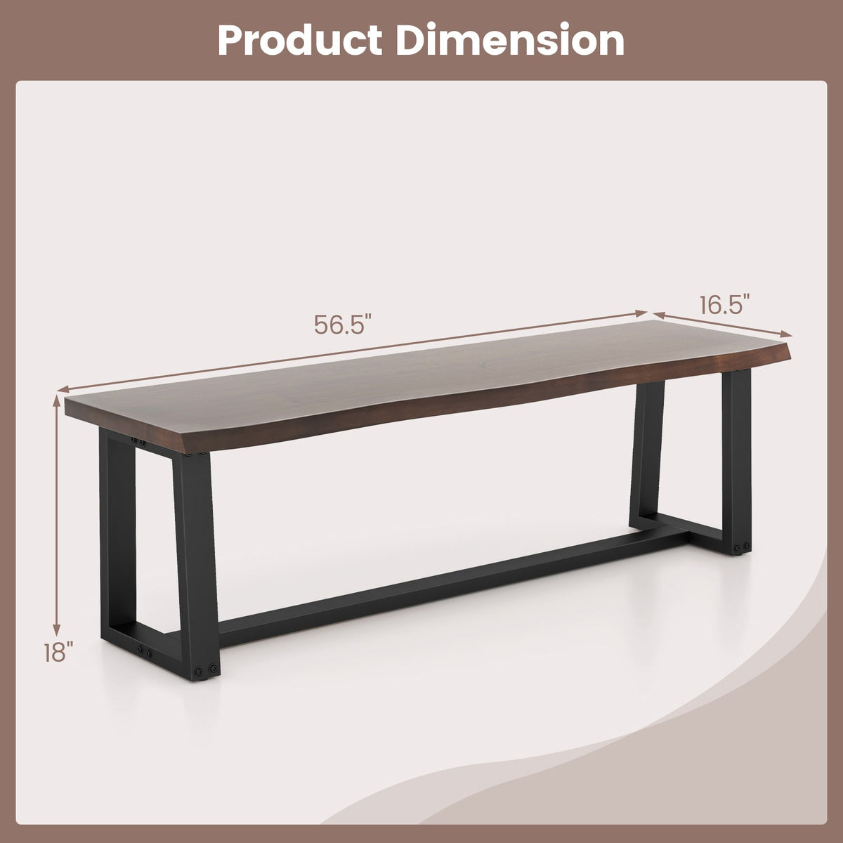 56.5 Inches Wood Dining Bench with Wavy Edge and Adjustable Footpads-Coffee