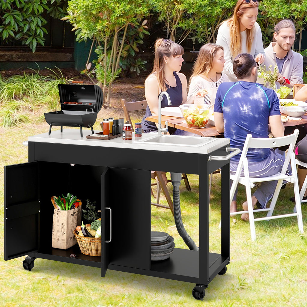 56 Inches Outdoor Grill Table with Sink and Stainless Steel Top-Black