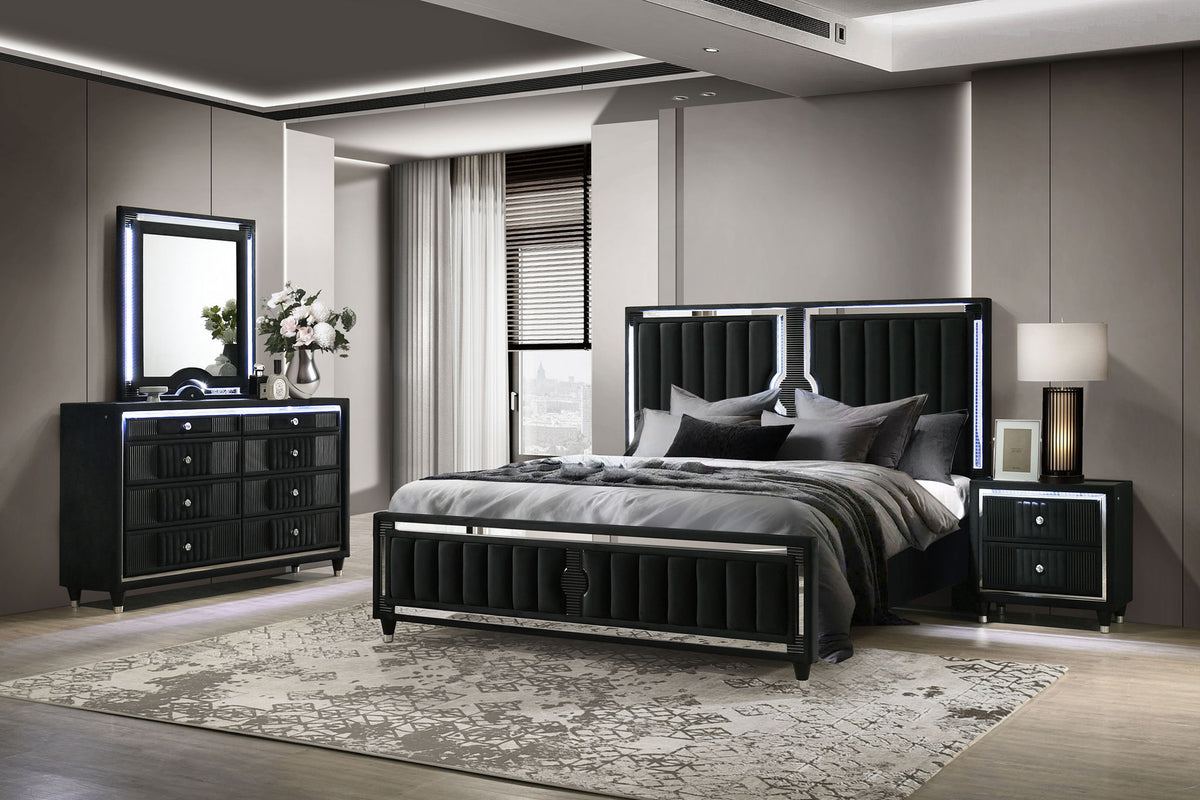 Ravenne 4-piece Velvet Upholstered Eastern King LED Bedroom Set Black