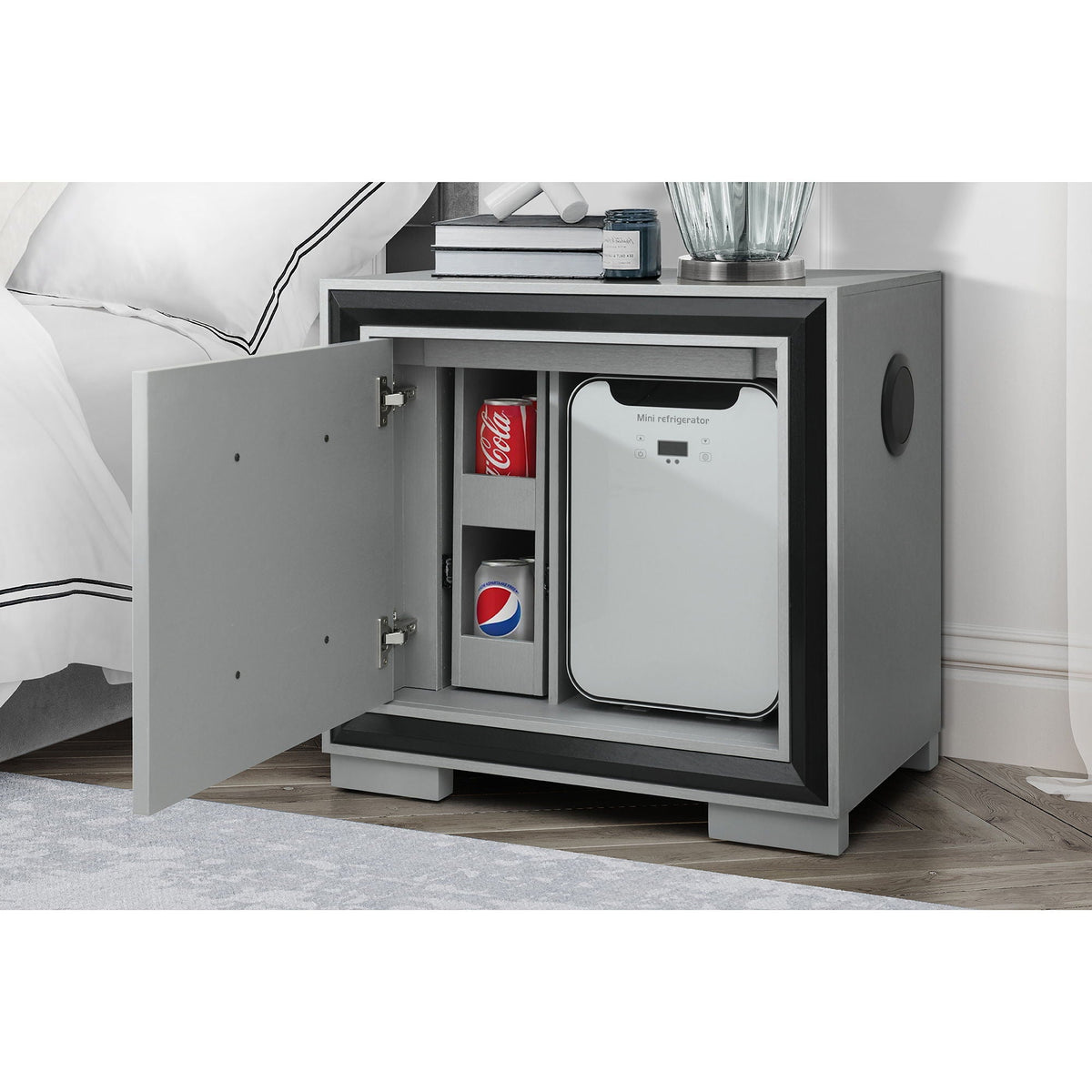 Adelaide - Nightstand With Cooler And Speaker - Gray / Black