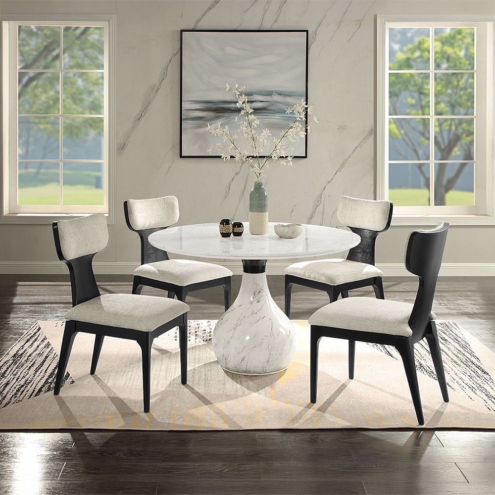 Koen - Round Dining Table, Engineering Marble Top - White & Black