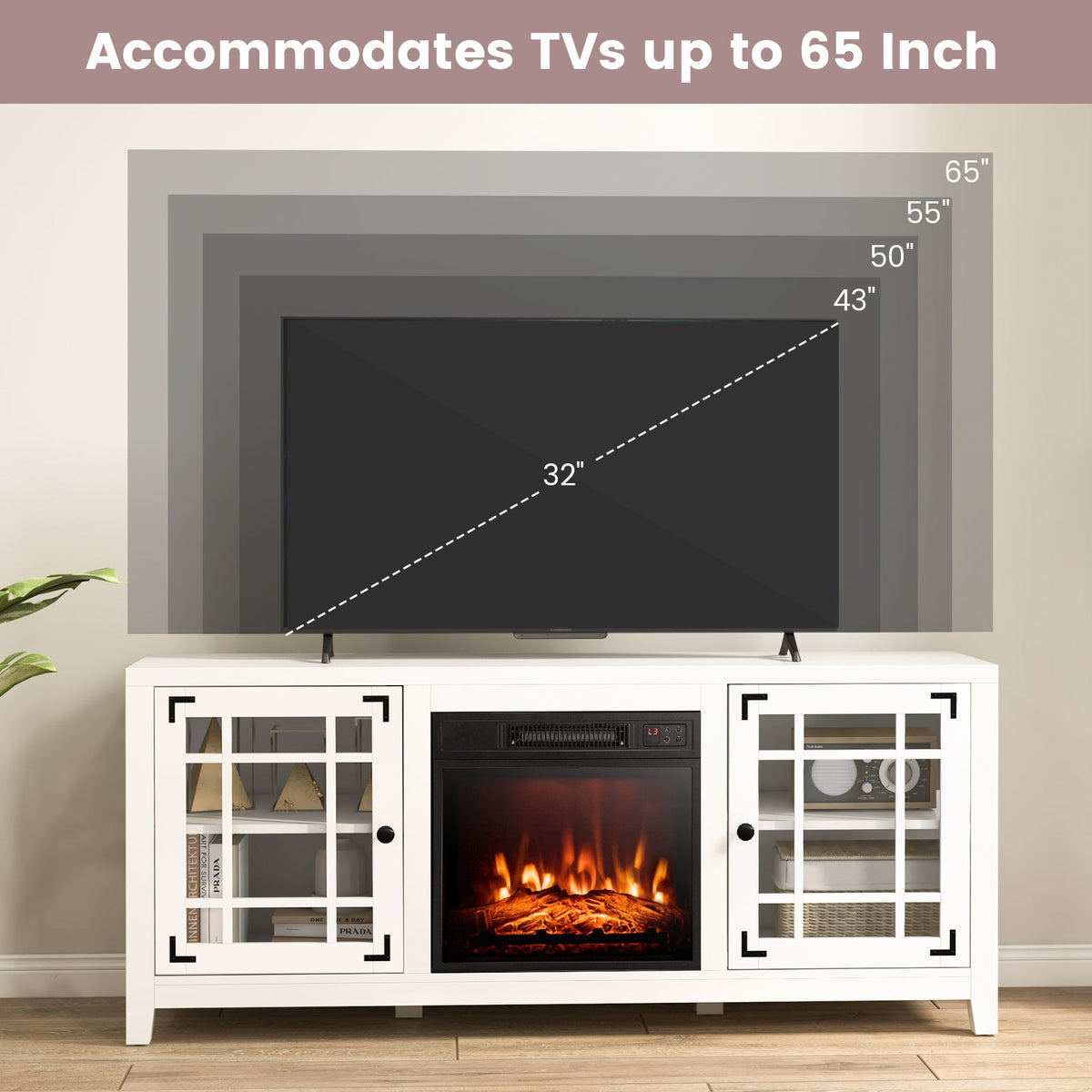58 Inch Fireplace TV Stand with Adjustable Shelves for TVs up to 65 Inch-White