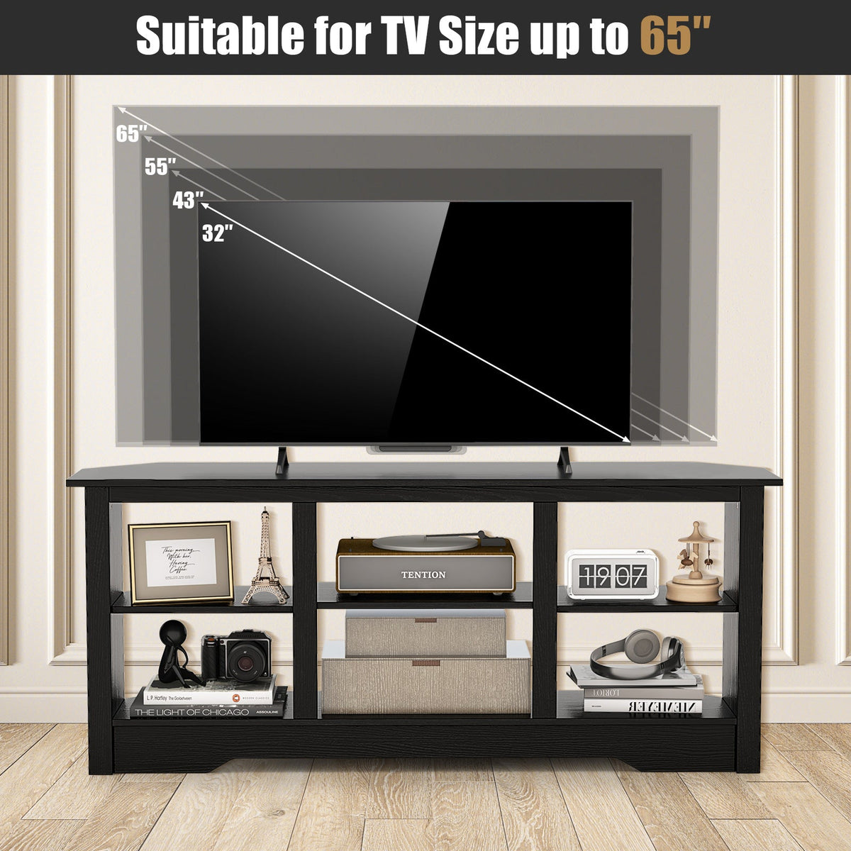 58 Inch TV Stand with 6 Open Storage Shelves for TVs up to 65 Inches