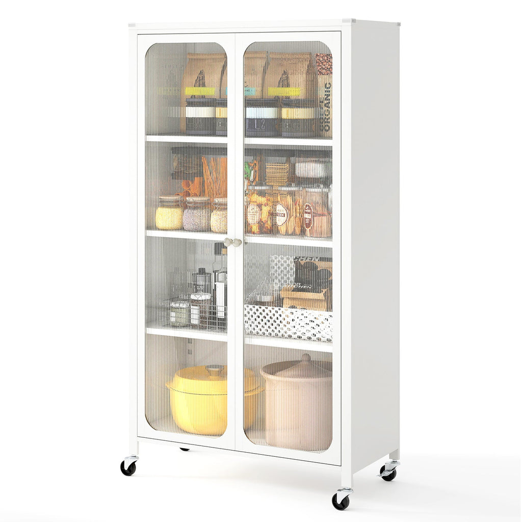 58 Inches Bookcase with Adjustable Shelves and Lockable Wheels-White