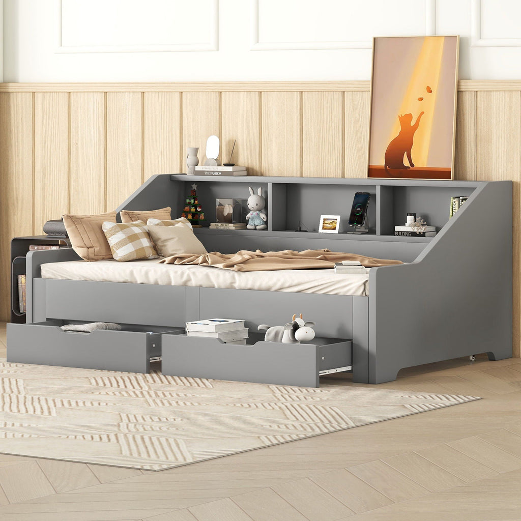 Daybed Frame With Storage Bookcases, 2 Drawers, Charging Station