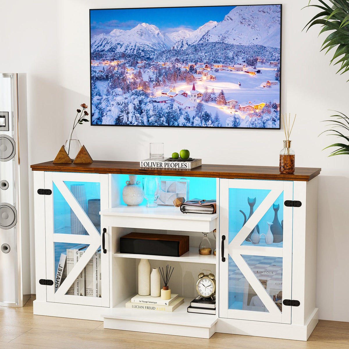 59 Inches Media Console Table with 3-Level Shelves and 22 Dynamic Modes-White