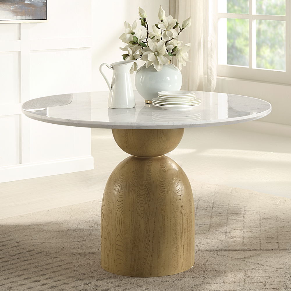 Kala - Round Dining Table With Marble Top - Natural Marble Top & Oak