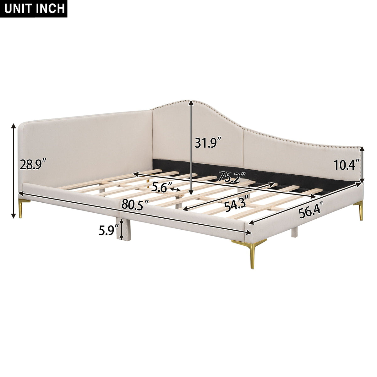 Upholstered Daybed With Headboard And Armrest, Support Legs