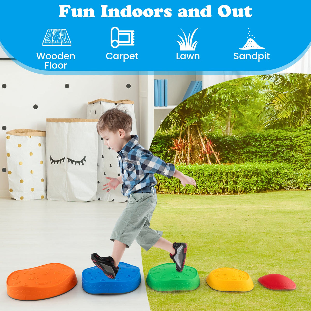 5 Pieces Kids Stepping Stones Stackable Round River Stone Indoor Outdoor-Multicolor