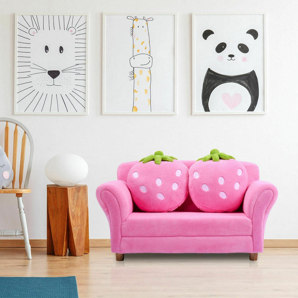 Kids Strawberry Armrest Chair Sofa with 2 Cute Strawberry Pillows-Pink