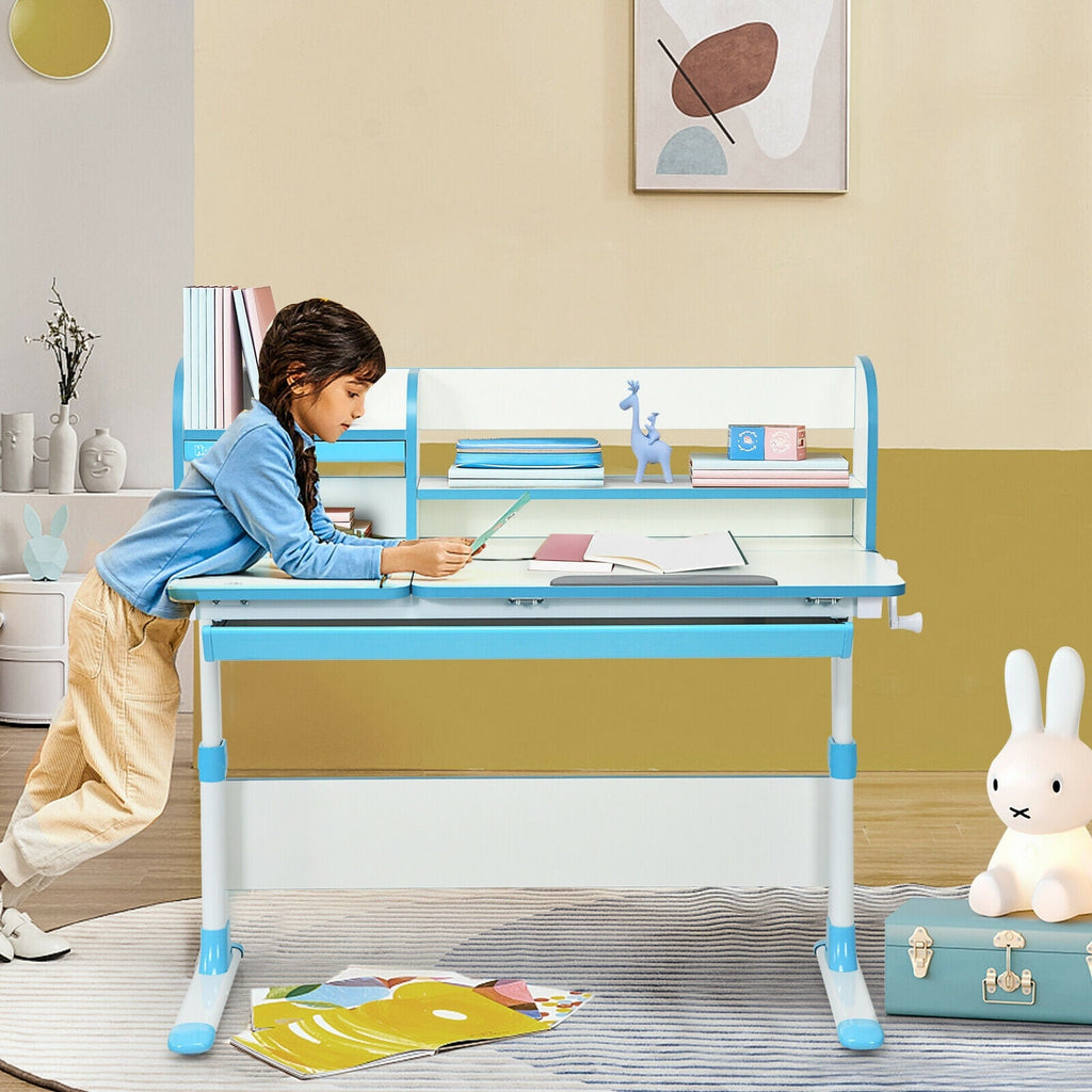 Adjustable Height Study Desk with Drawer and Tilted Desktop for School and Home