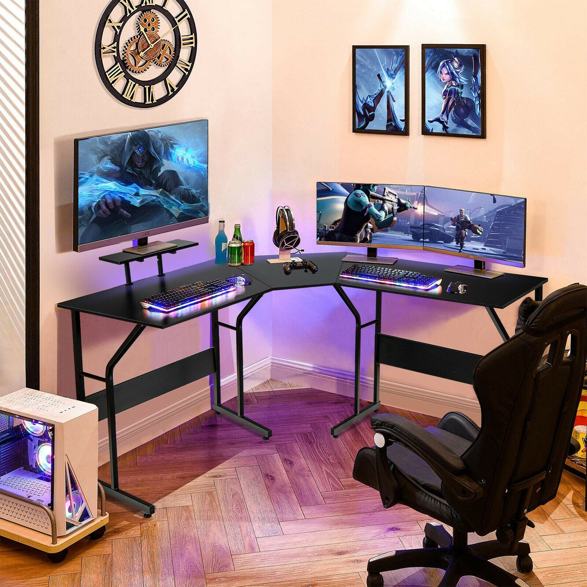 88.5 Inch L Shaped Reversible Computer Desk Table with Monitor Stand