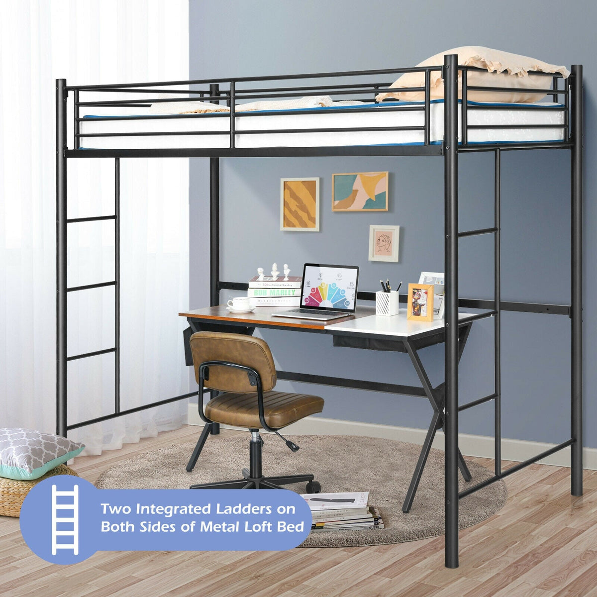 Twin Loft Bed Frame with 2 Ladders Full-length Guardrail