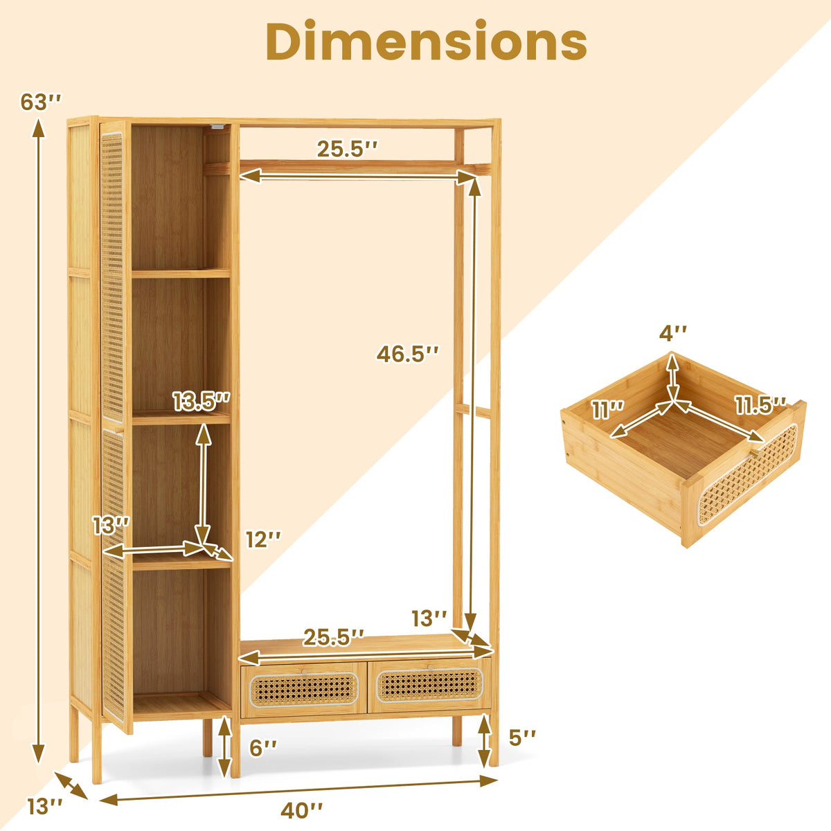 Bamboo Clothing Rack with Cabinet and Drawers and Hanging Rod-Natural