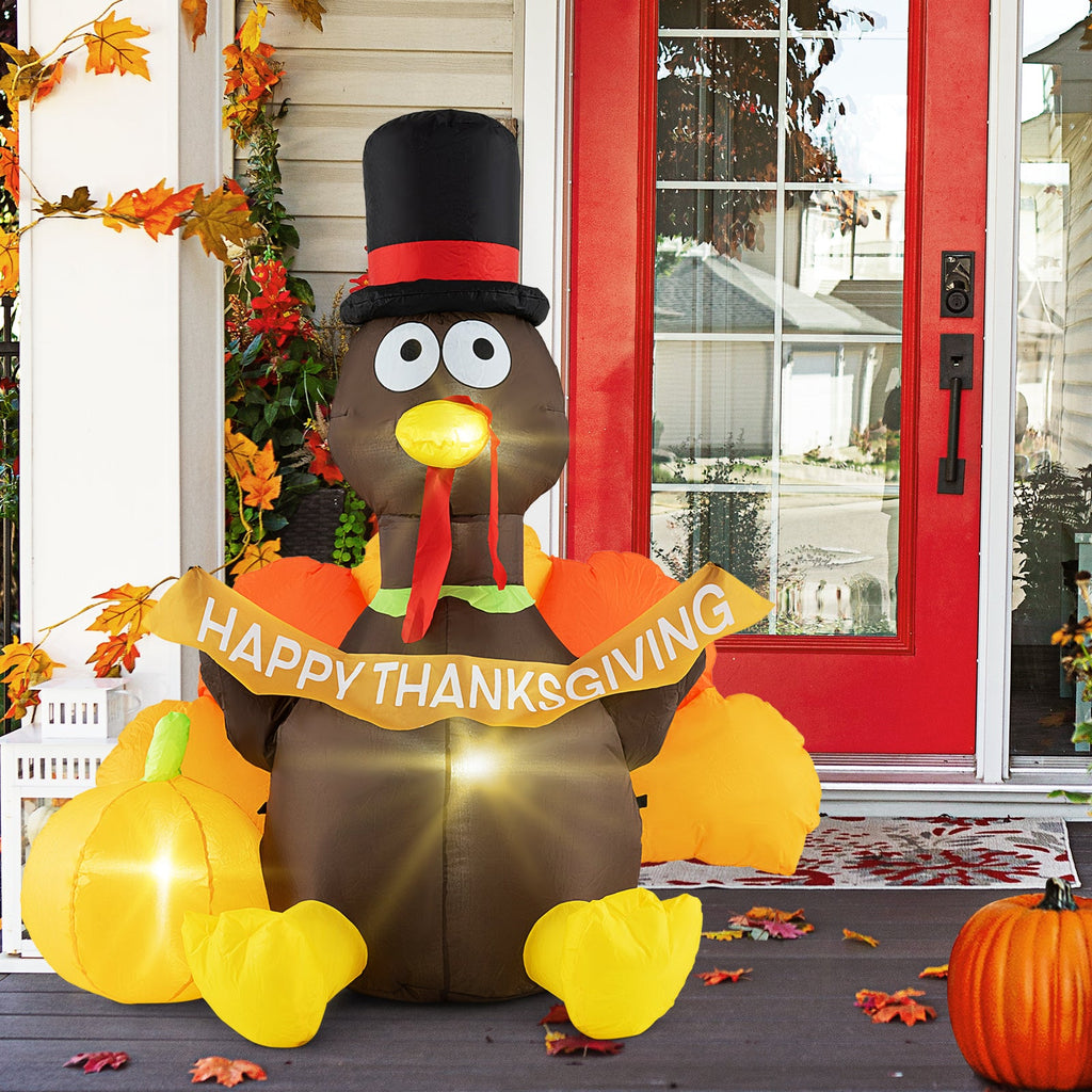 5 FT Inflatable Turkey with Pumpkin and LED Lights for Indoor Party
