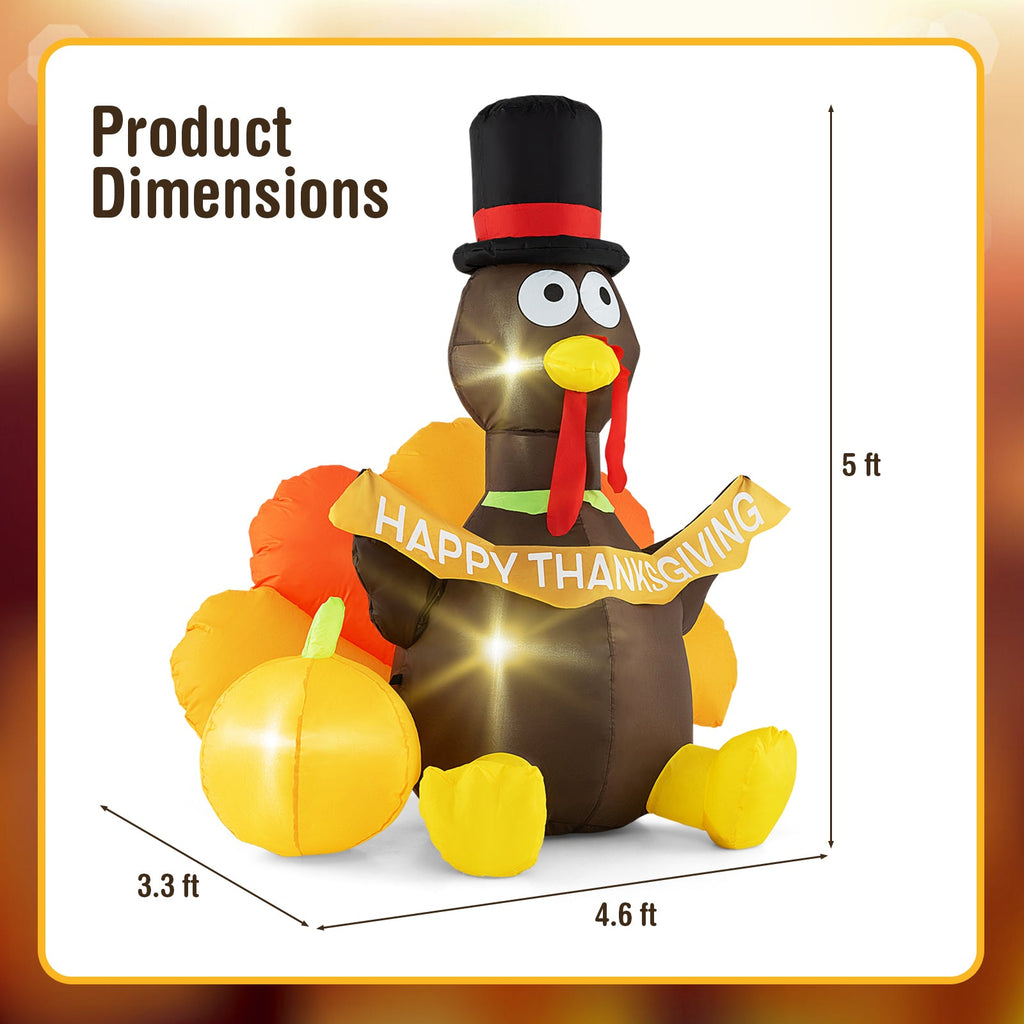 5 FT Inflatable Turkey with Pumpkin and LED Lights for Indoor Party