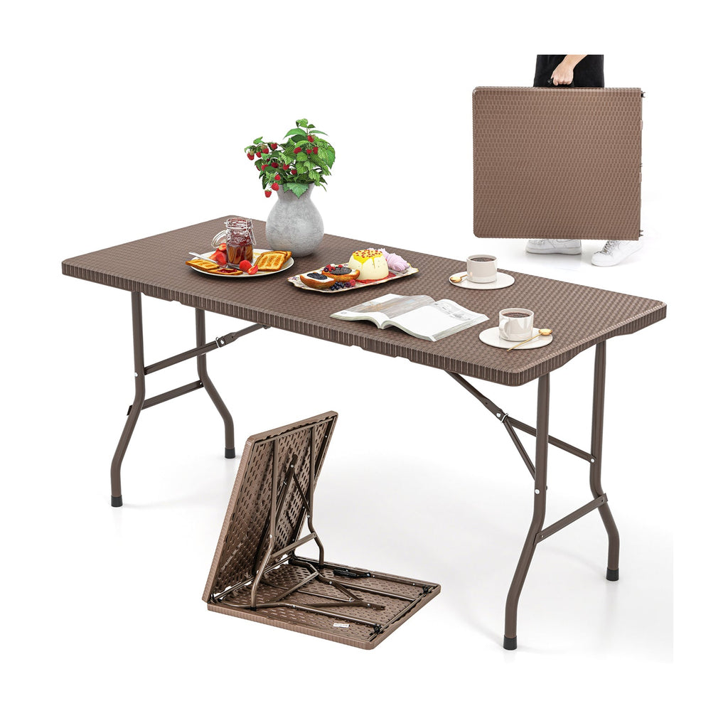 5FT Folding Picnic Table with Rattan Grain HDPE Tabletop and Sturdy Metal Fame-Coffee