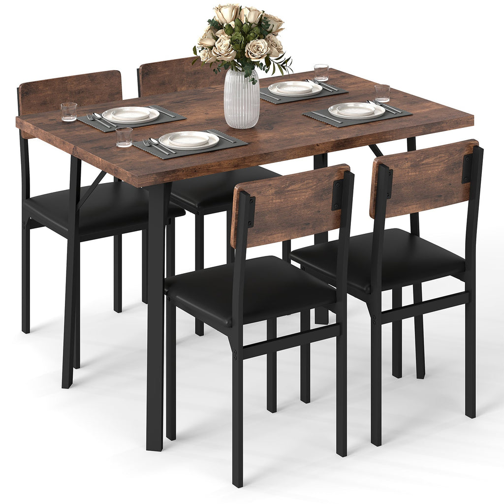 5-Piece Dining Table Set for 4 People Industrial Kitchen Table and 4 PU Leather Chairs-Brown