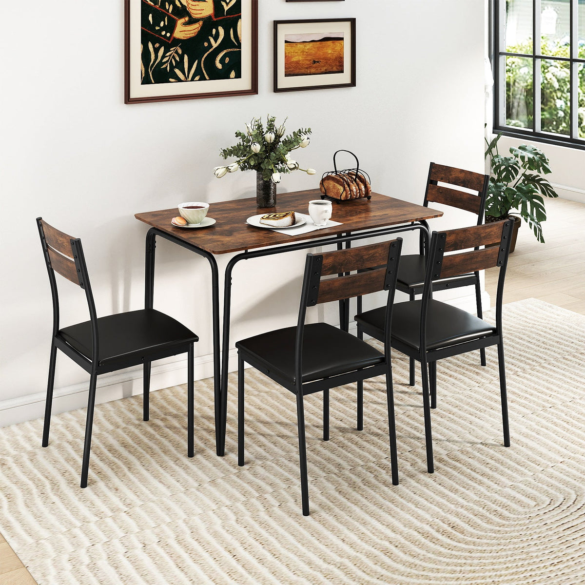 5-Piece Dining Table Set Industrial Rectangular Kitchen Table and 4 Armless Chairs-Rustic Brown