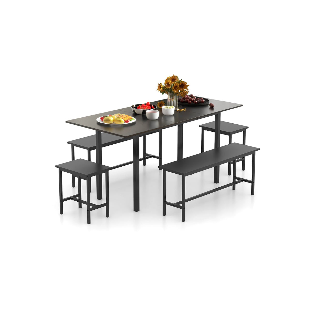 5 Piece Dining Table Set for 4-6 with 2 Benches & 2 Stools for Kitchen Dining Room