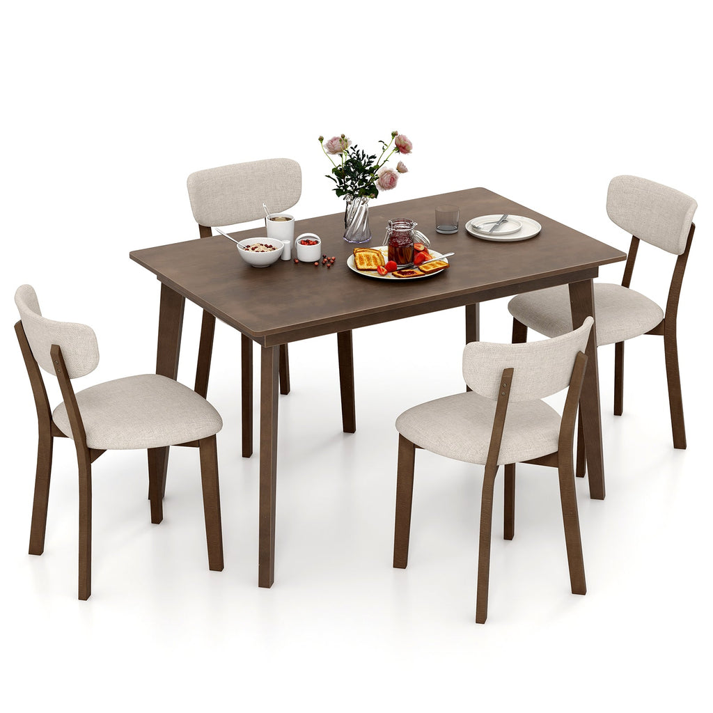 5-Piece Dining Table Set for 4 with Rubber Wood Frame and Padded Set-Brown