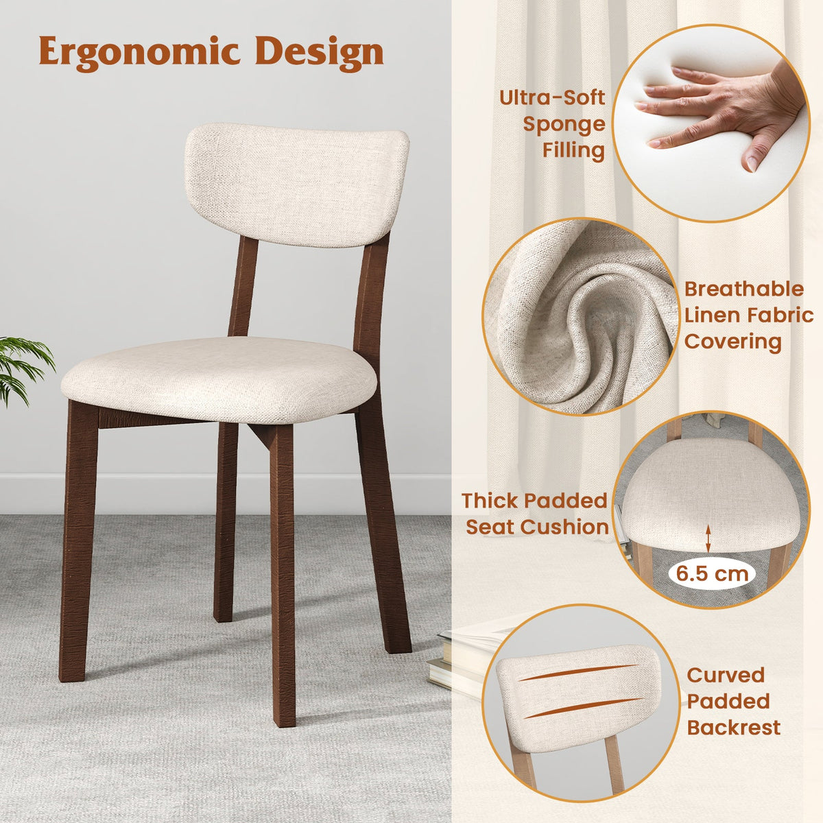 5-Piece Dining Table Set for 4 with Rubber Wood Frame and Padded Set-Brown