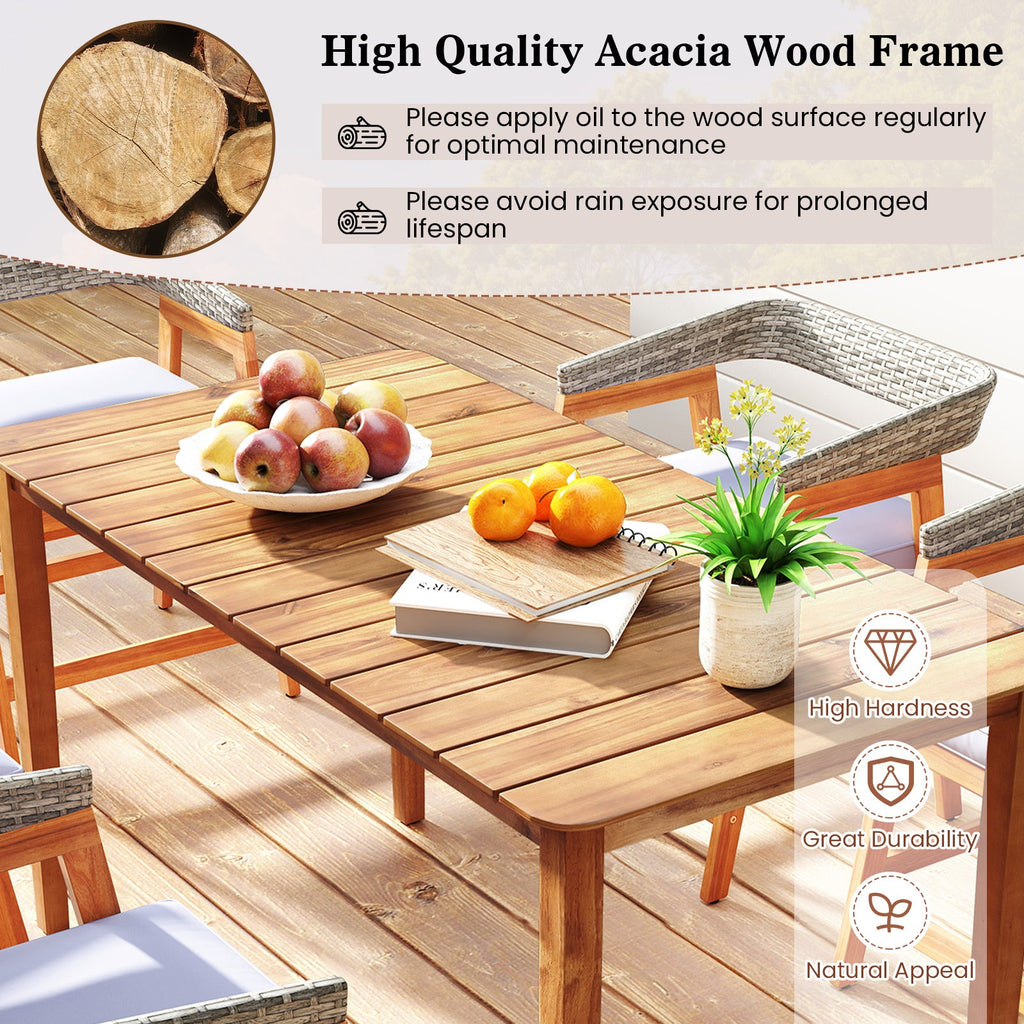 5 Piece Patio Dining Set Solid Wood with Rattan Backrest and Cushions