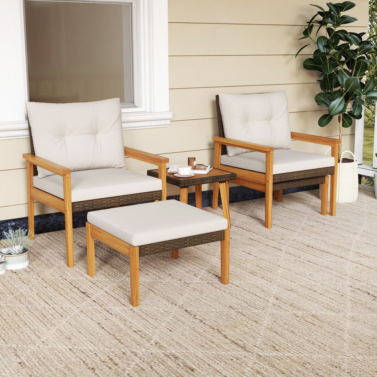 5 Piece Rattan Furniture Set with Square Coffee Table-White