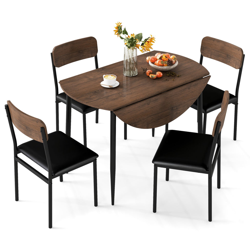 5-Piece Round Kitchen Table Set with Drop Leaf Tabletop and 4 Upholstered Dining Chairs-Brown