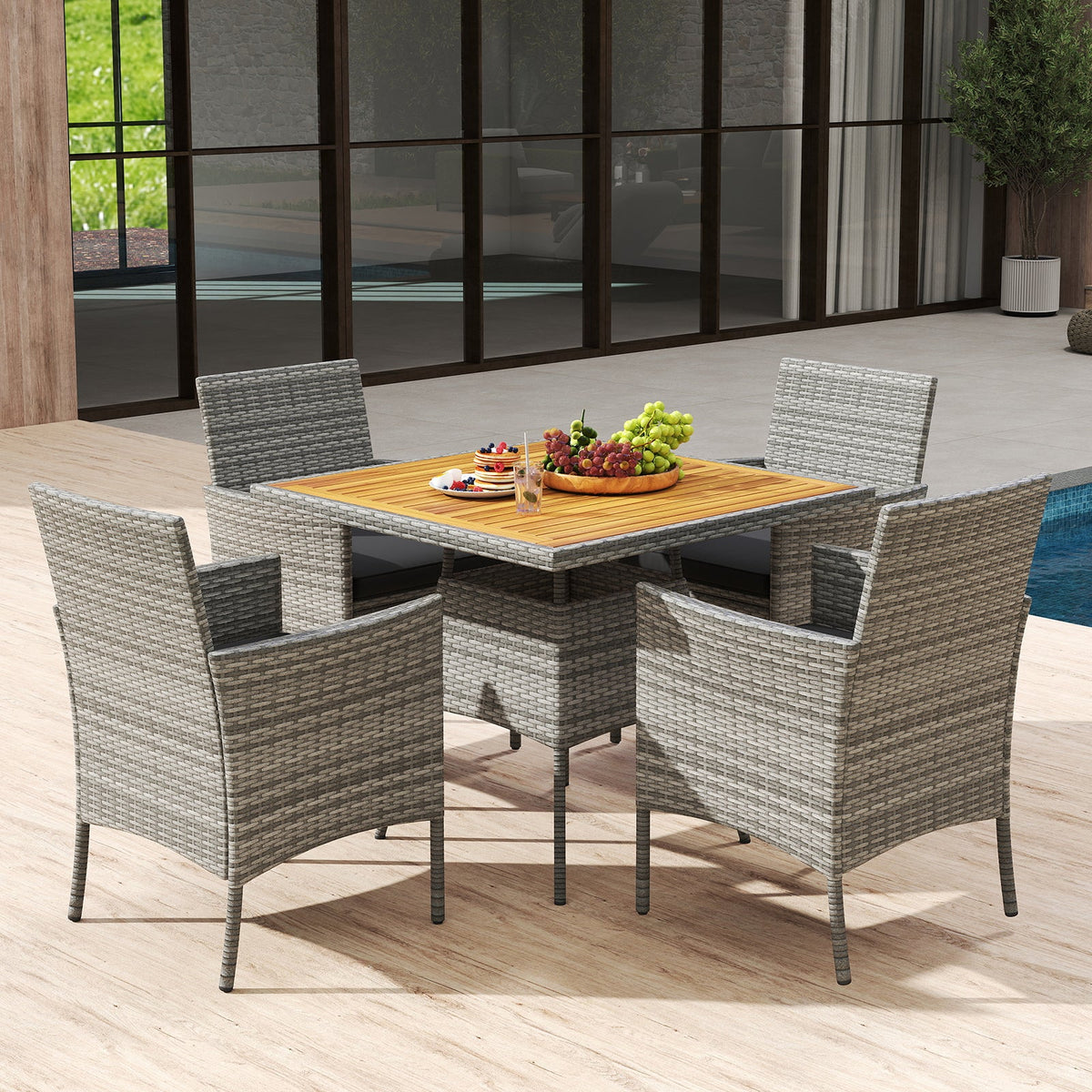 5 Pieces PE Wicker Patio Dining Set Outdoor Acacia Wood Table and Chairs-Black