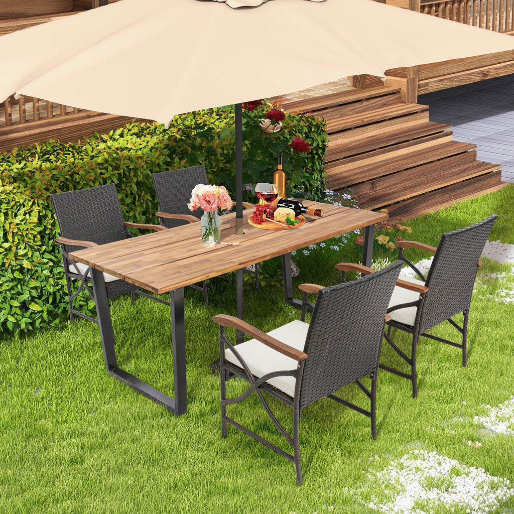 5 Pieces Patio Rattan Dining Set with Acacia Wood Tabletop and Armrests
