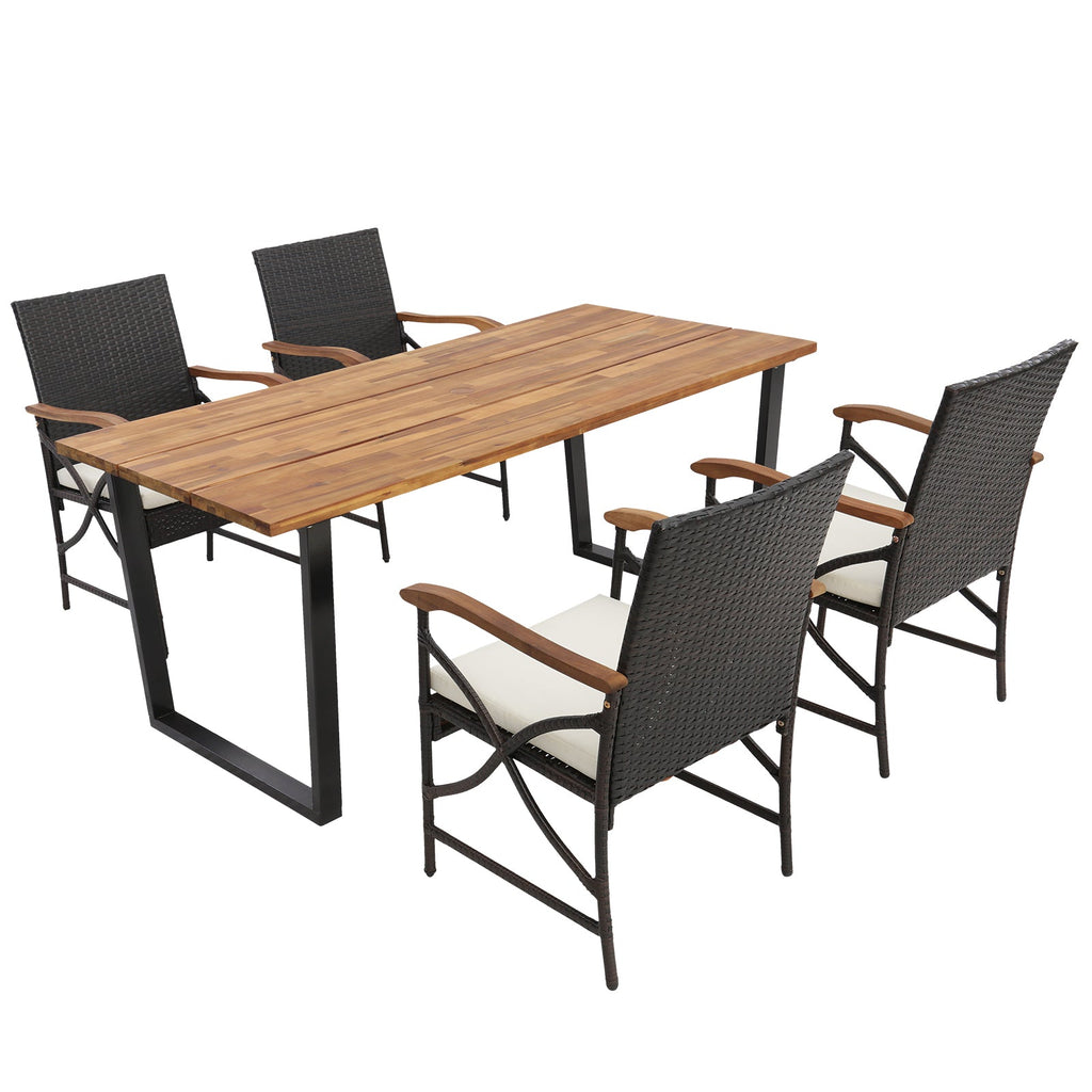 5 Pieces Patio Rattan Dining Set with Acacia Wood Tabletop and Armrests