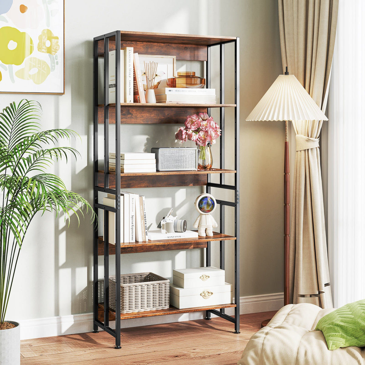 5-Tier Bookshelf with Adjustable and Tiltable Shelves