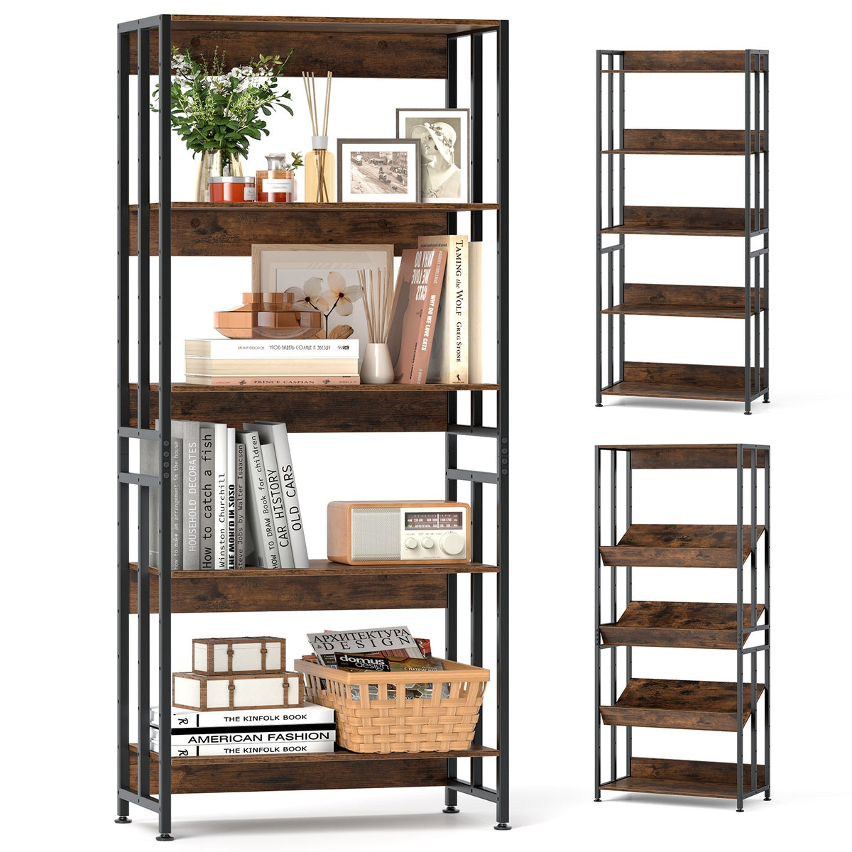 5-Tier Bookshelf with Adjustable and Tiltable Shelves