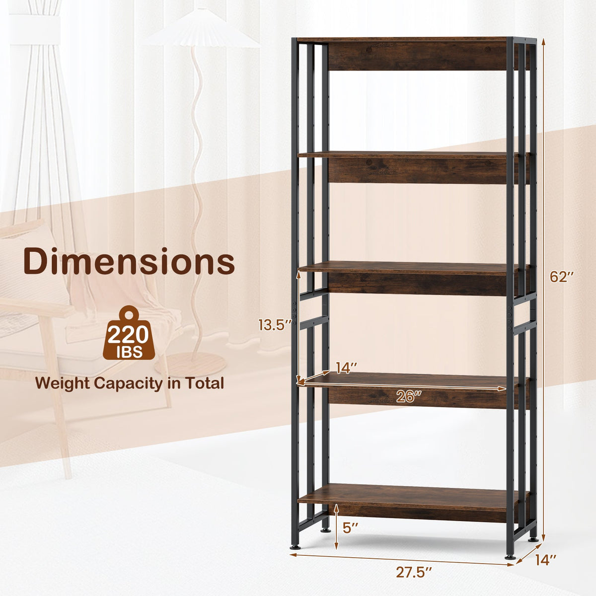 5-Tier Bookshelf with Adjustable and Tiltable Shelves