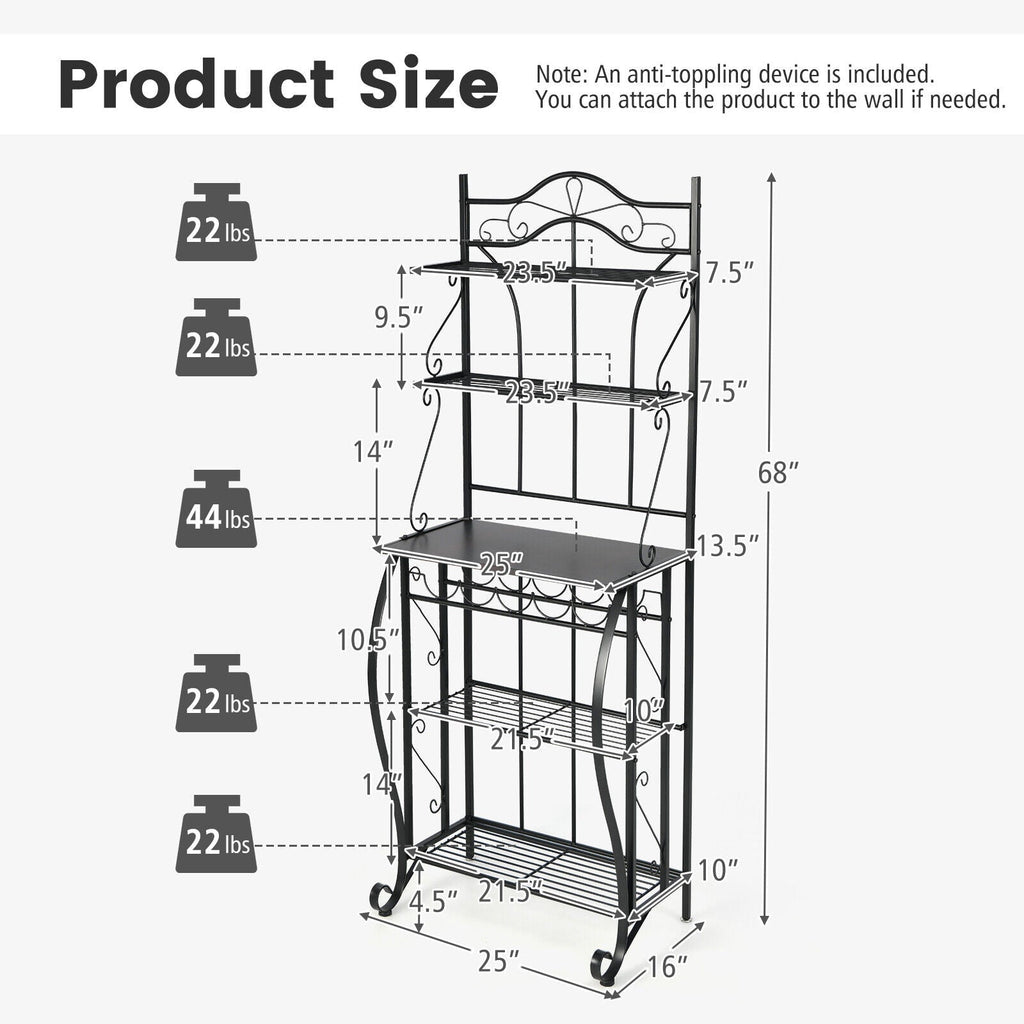 5-Tier Metal Kitchen Baker's Rack with 5 Wine Bottles Rack