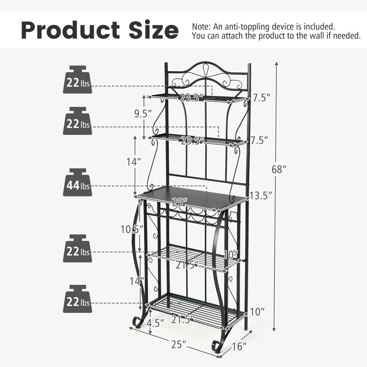 5-Tier Metal Kitchen Baker's Rack with 5 Wine Bottles Rack