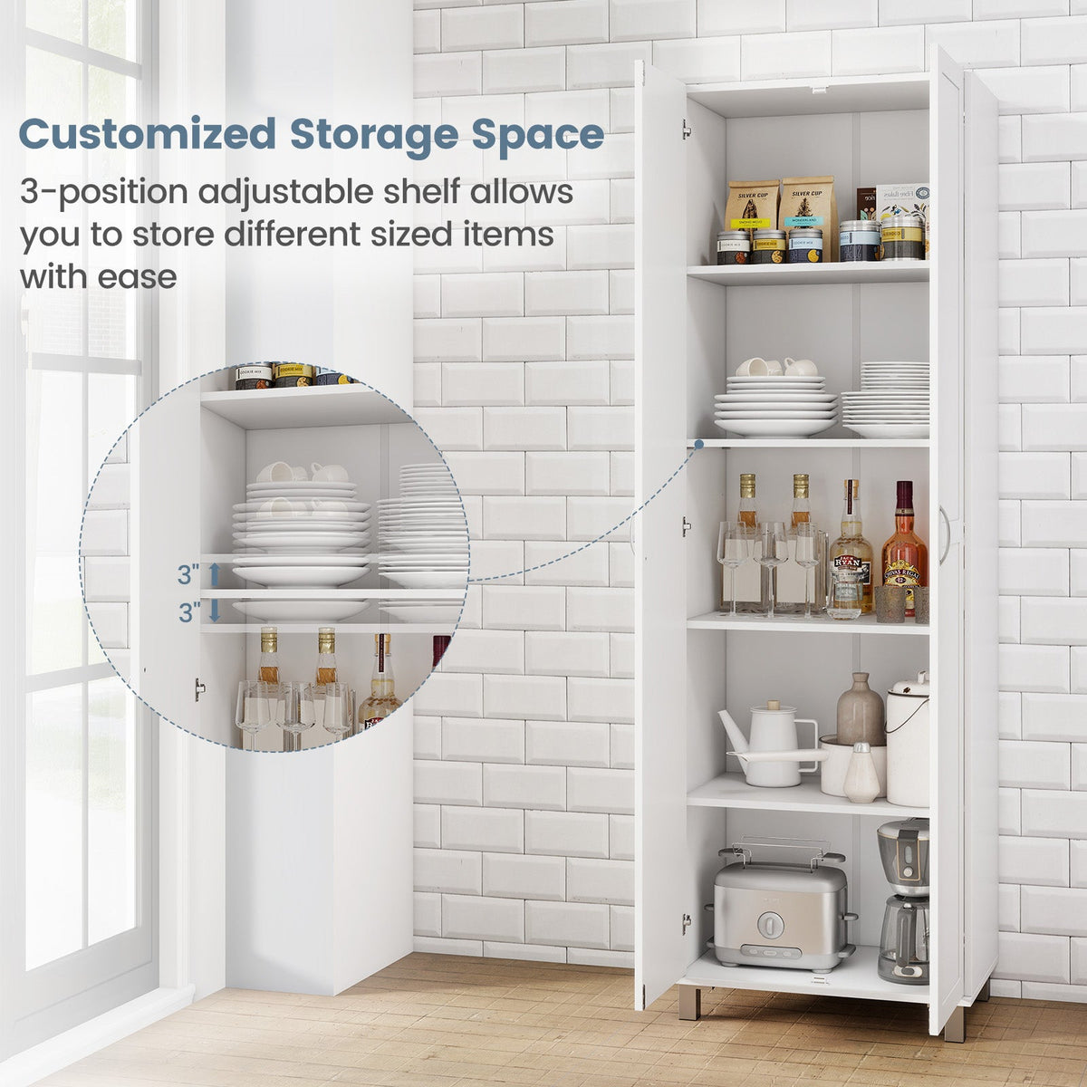 73.5 Inch Freestanding Double Door Tall Versatile Storage Organizer-White