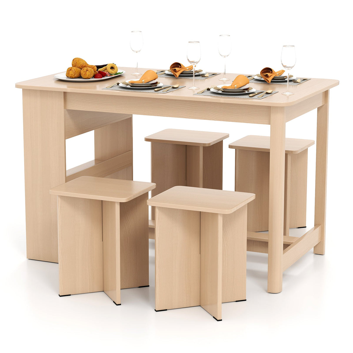 5 Pieces Dining Table Set with Storage Shelf and 4 Stools