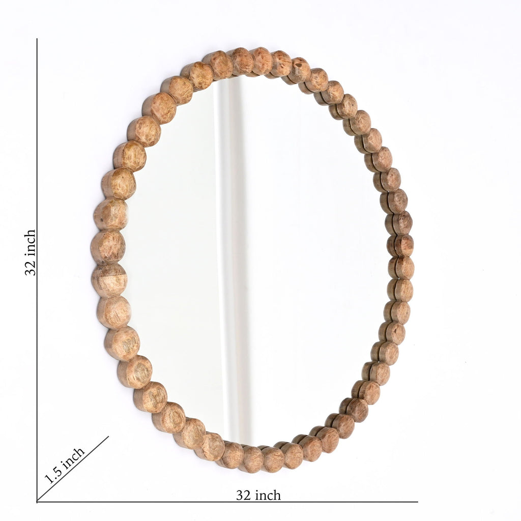 Decorative Round Hanging Wall Mirror With Bead Design Frame - Natural