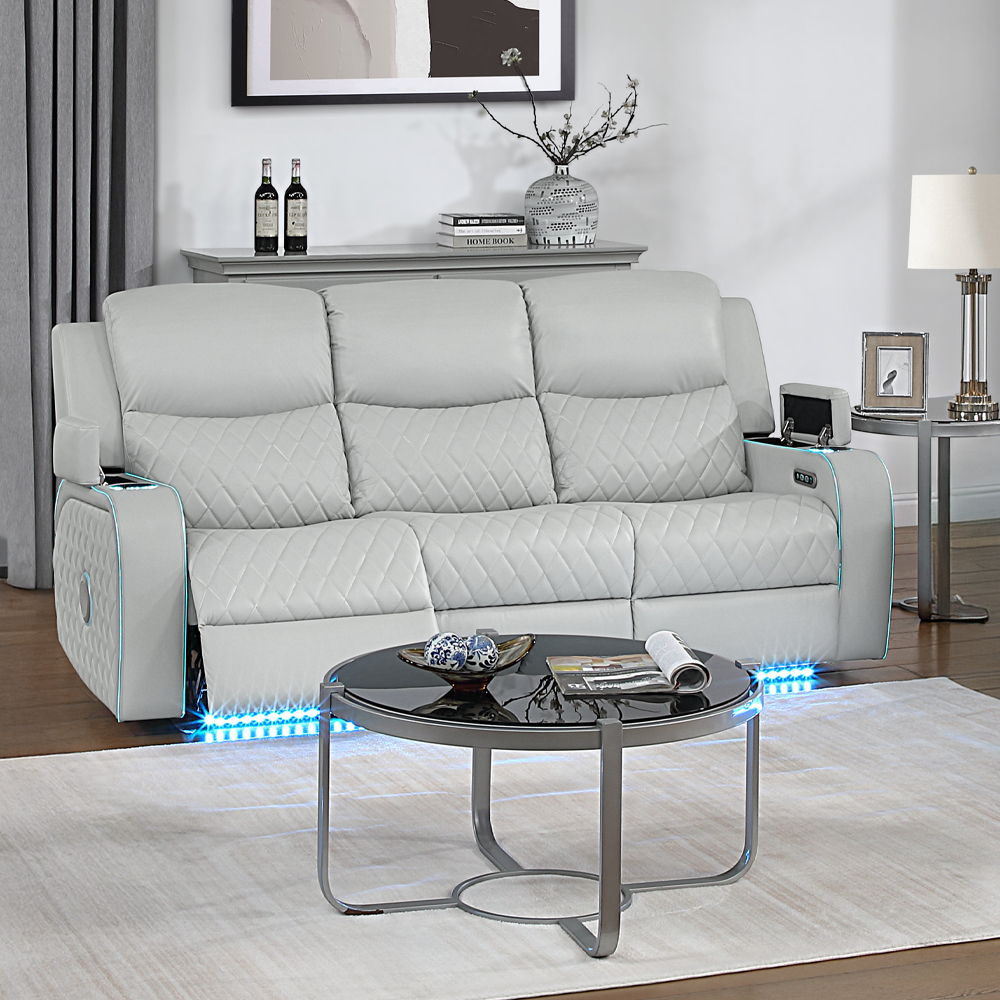 Elonzo - Power Motion Sofa With LED, Power Headrest & Speaker - Light Gray