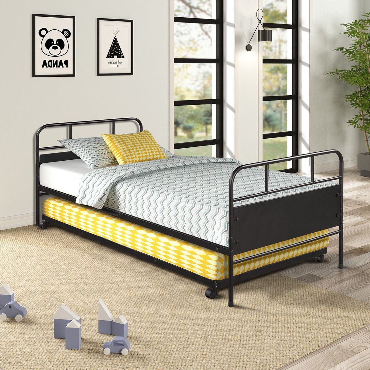 Twin Size Daybed Platform Bed Frame With Trundle Built In Casters - Black