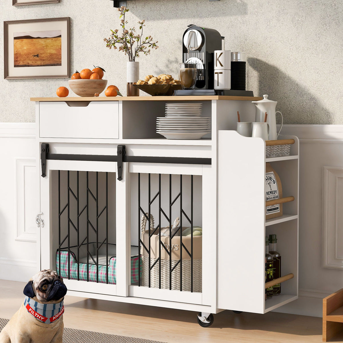 Modern Style 2 In 1 Pet Friendly Dog Crate Kitchen Island End Table Metal Pine - Natural / White