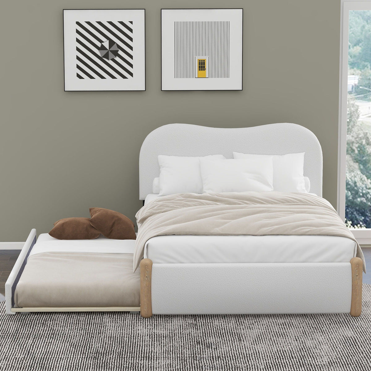 Upholstered Platform Bed With Wood Supporting Feet And Trundle