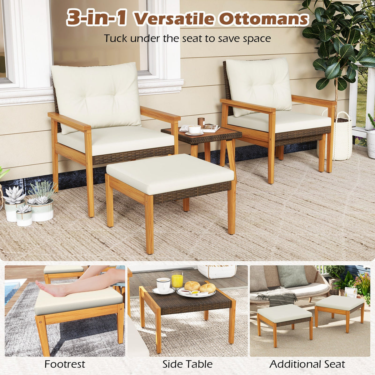 5 Piece Rattan Furniture Set with Square Coffee Table-White