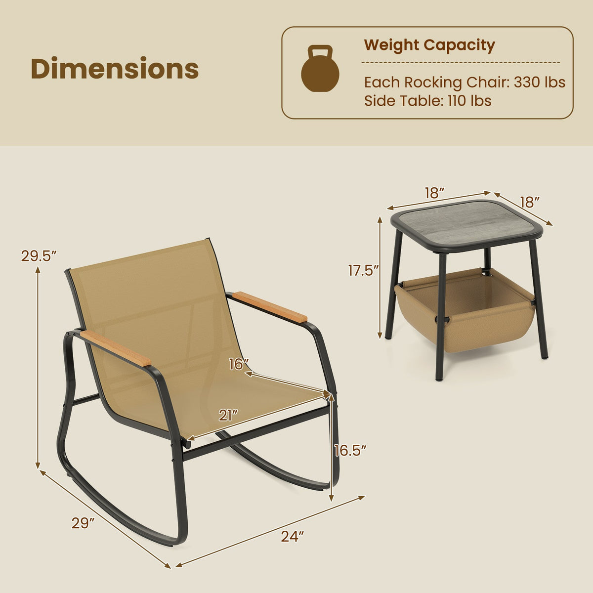 3 Piece Rocking Bistro Chairs and Side Table Set with Storage Bag-Brown