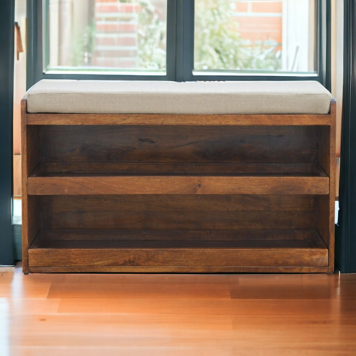 Pull Out Shoe Bench - Chestnut / Mud Linen
