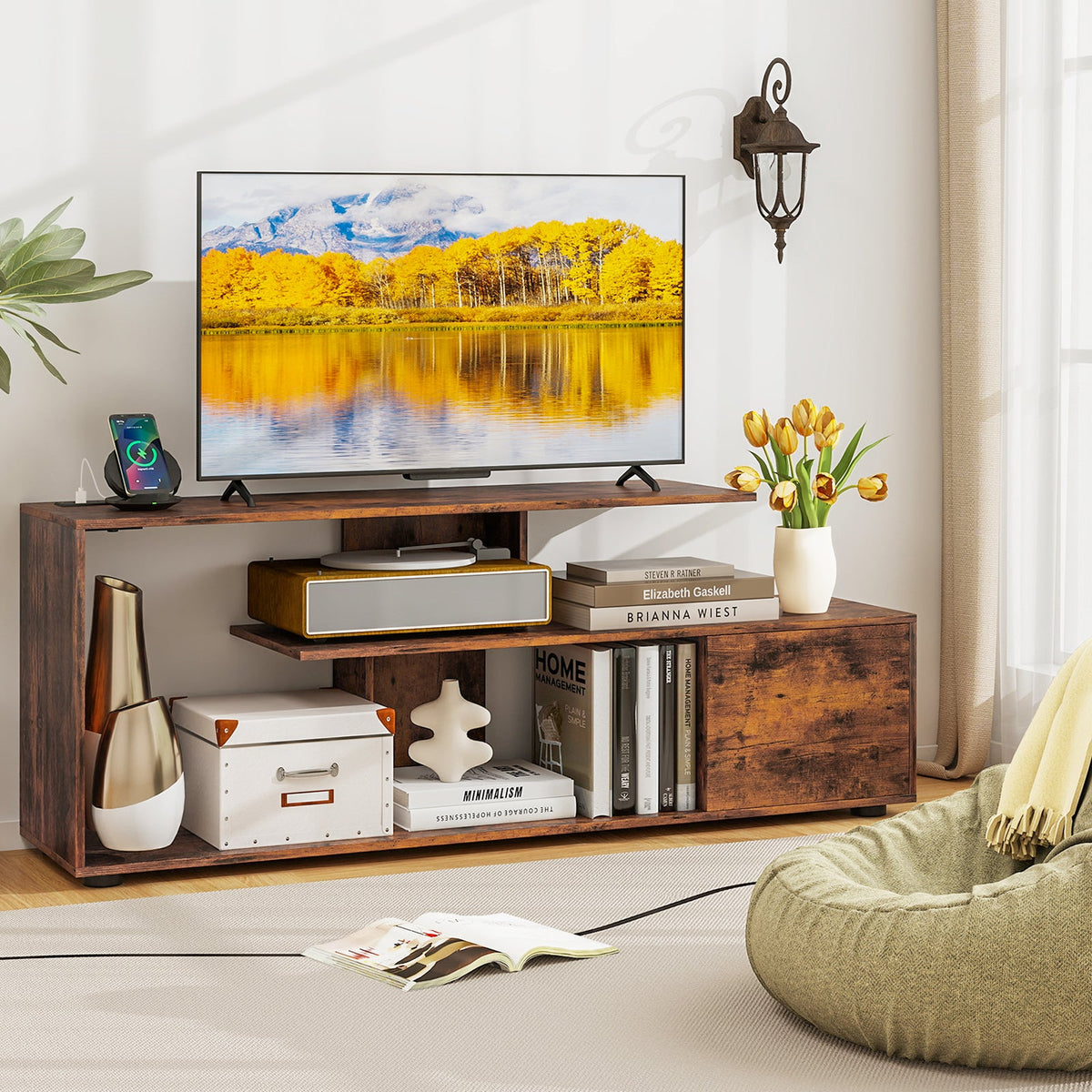 60 Inch Entertainment Center TV Stand with Power Outlet-Rustic Brown