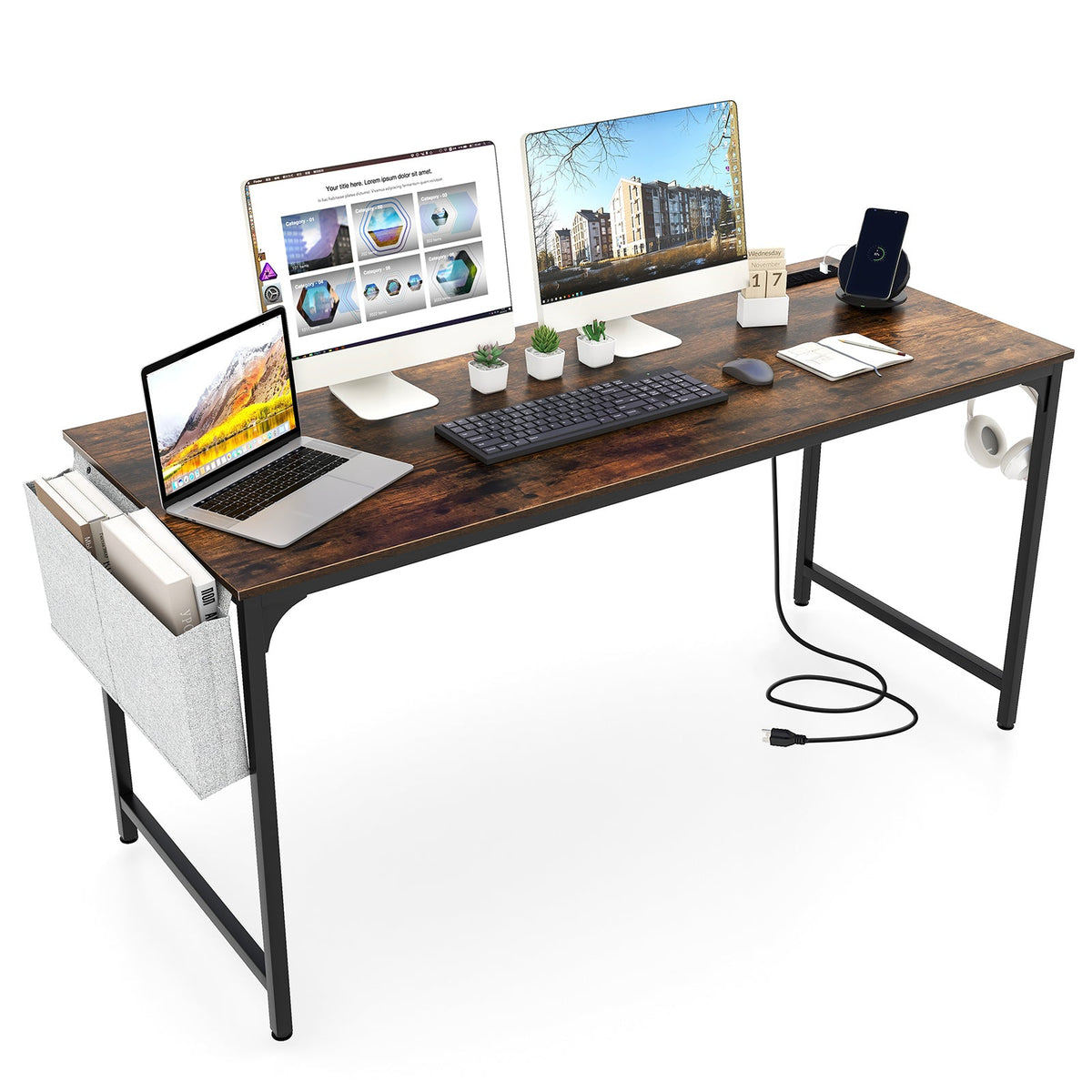 60 Inch Computer Desk with Charging Station Storage Bag