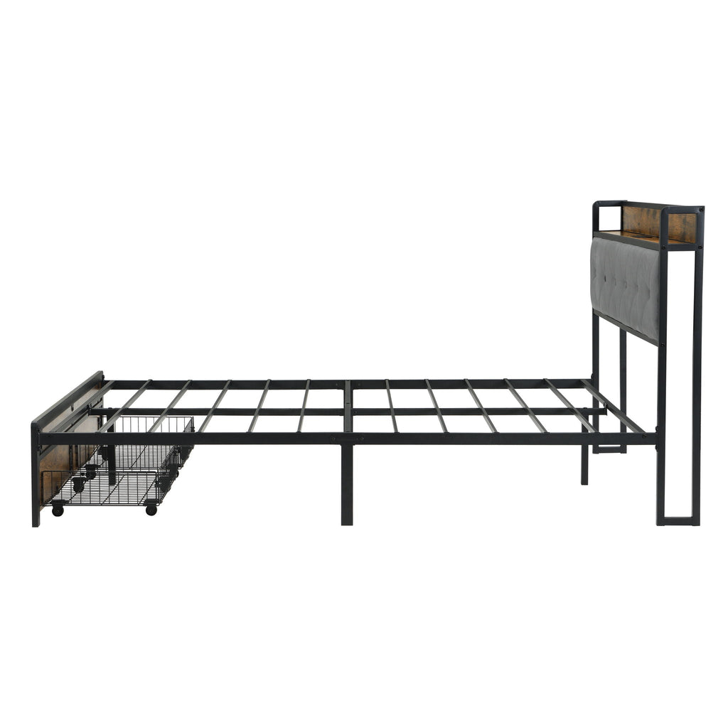 Modern Bed Frame With LED Lights, Upholstered Headboard, USB Charging